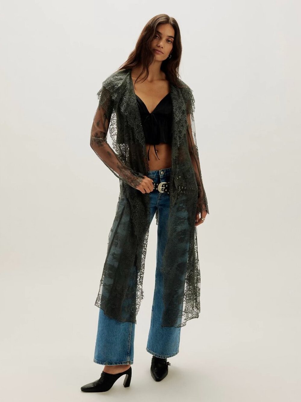 Free People x Nigel Preston Maude Lace Duster Gray NWT Sheer Longline Kimono